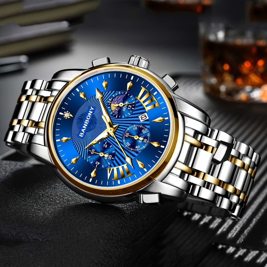 BANBONY Automatic Quartz Watch for Men & Women - Stainless Steel Strap, Blue & Golden HD Large Dial, IPX7 Waterproof, Rhinestone Accents, Date Calendar, Luminous Hands - Casual Fashion Unisex Watch for Birthday Holiday Gifts,