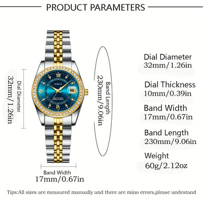 KASRLUO Women's Stainless Steel Quartz Watch with Luminous Rhinestone Date Display, Blue Dial & Golden-Tone Band - Elegant Business Style, Casual Elegance | Elegant Timepiece | Luminous Dial