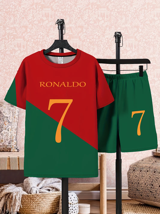 New Stylish Football Number 7 Character Print 3D Printed Top and Shorts Set for Girls and Boys, Kids' Short Sleeve Outfit, Perfect for Outdoor