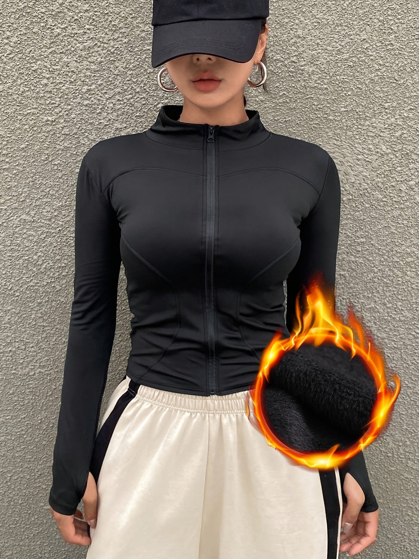 Women's Stylish Fleece-Lined Zip-Up Jacket - Warm, Slim Fit, Long Sleeve with Thumb Holes, Black, Polyester Blend for Casual & Activewear, Cute Jacket