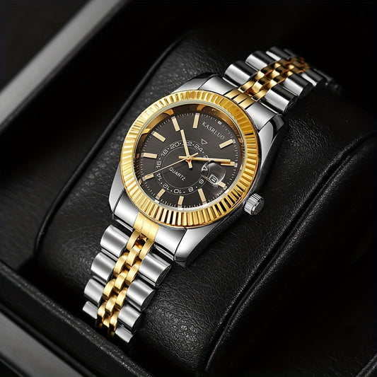 KASRLUO Elegant Women's Golden-Tone Stainless Steel Quartz Watch with Date Display, Analog Roman Numerals, and Adjustable Crown - Stylish Round Alloy Case & Band for Sophisticated Timekeeping, Fashion Accessory | Sophisticate