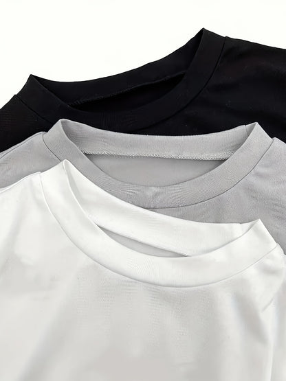 Girls' 3pcs Slim Fit Short Sleeve T-Shirts - Casual Round Neck, Stretchy Polyester, Machine Washable - Perfect for Spring/Summer/Fall