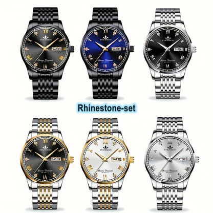 1pc Elegant Rhinestone-Set Stainless Steel Bracelet Watch for Men - Quartz, Date & Calendar Display, Glow-in-the-Dark Hands, Waterproof, Business Casual Style, Ideal Gift for Birthdays & Holidays, Casual Accessory | Elegant W