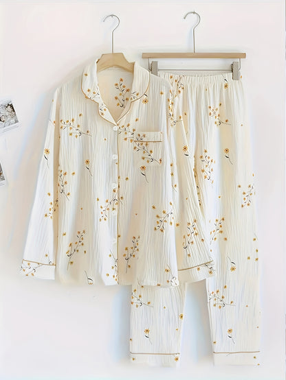 Sweet Floral Print Textured Pajama Set For Fall & Winter, Long Sleeve Button Up Lapel Collar Top & Elastic Pants, Women's Sleepwear & Loungewear
