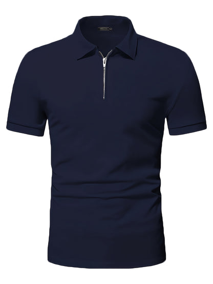 Casual Stretch Men's Solid Color Zipper Lapel Golf Shirt, Male Summer Streetwear