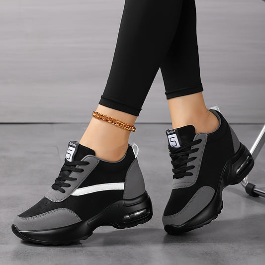 Women's Chunky Platform Casual Sneakers with Thick Cushioned Sole, Breathable Fabric Lining & Synthetic Cover Upper - Black & Grey Lace-Up Shoes for All-Season Comfort