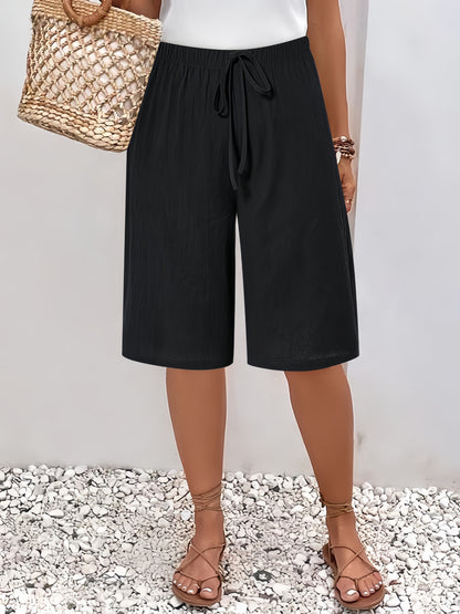 Women's Casual Solid Color Shorts with Faux Drawstring, Polyester, Machine Washable - All Seasons, Beach Pants, Leisure Style, ALL/Global/All