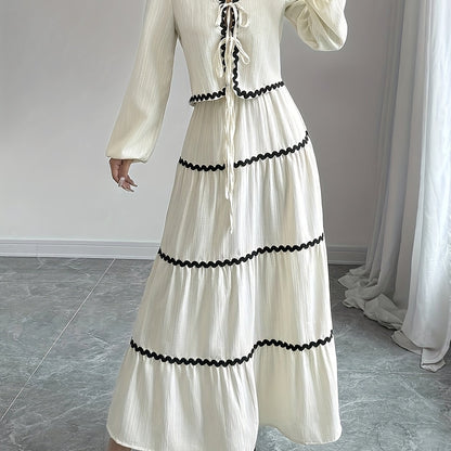 Spring-Summer Temperament Fashion Black Trim V-Neck Two-Piece Set with Tie Strap Long Sleeve Top and Skirt for Women