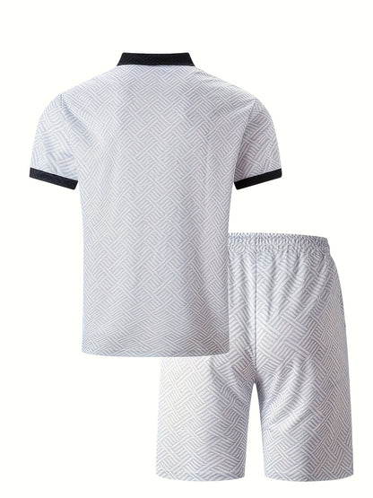 Men'S Tropical Print Casual Suit - Black Short Sleeve Zipper Shirt with White Pockets Shorts, Polyester, Machine Washable, Summer Beachwear, Summer Wear | Relaxed Fit Shirt | Woven Texture