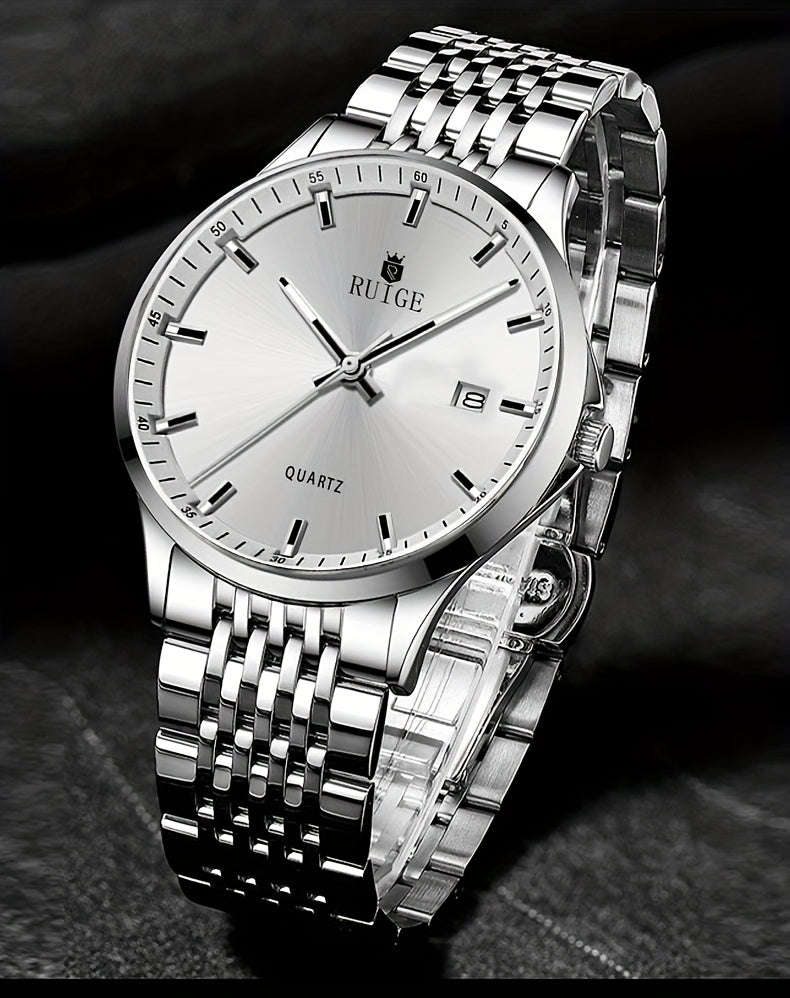 RUIGE Men's Sleek Quartz Watch - Stainless Steel Band, Simple Design with Date Display & Night Light Feature, Casual Wristwatch for Casual Attire