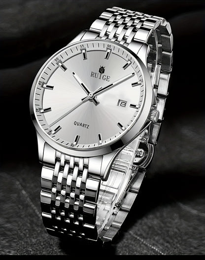 RUIGE Men's Sleek Quartz Watch - Stainless Steel Band, Simple Design with Date Display & Night Light Feature, Casual Wristwatch for Casual Attire