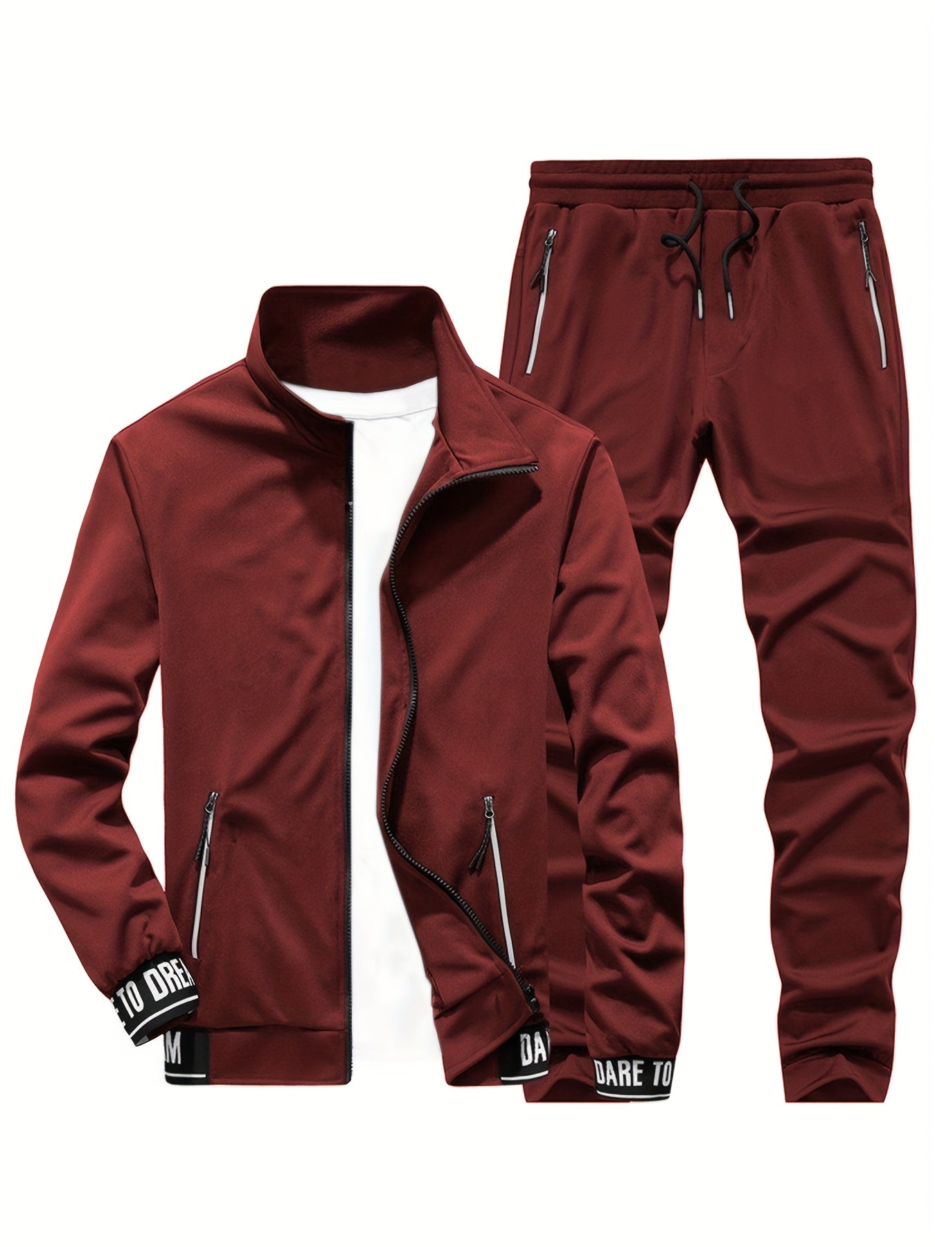 Men'S Casual Sportswear Set - Beige Zip-Up Jacket & Joggers with "DARE TO BE" Print, Long Sleeve, Pockets, and Drawstring Waist, Perfect for Running and Leisure Activities, Spring/Fall Collection, Spring Fall Attire | Zipup J