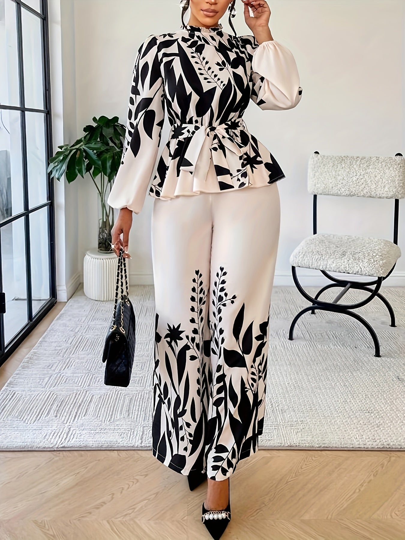 Spring And Autumn Fashionable Women'S Floral Long-Sleeve Top And Pants Set