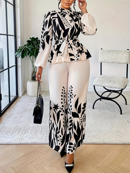 Spring And Autumn Fashionable Women'S Floral Long-Sleeve Top And Pants Set