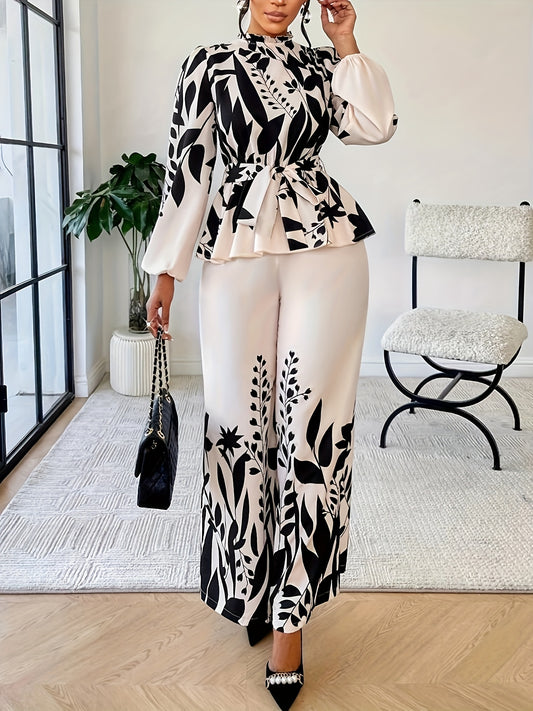 Spring And Autumn Fashionable Women'S Floral Long-Sleeve Top And Pants Set