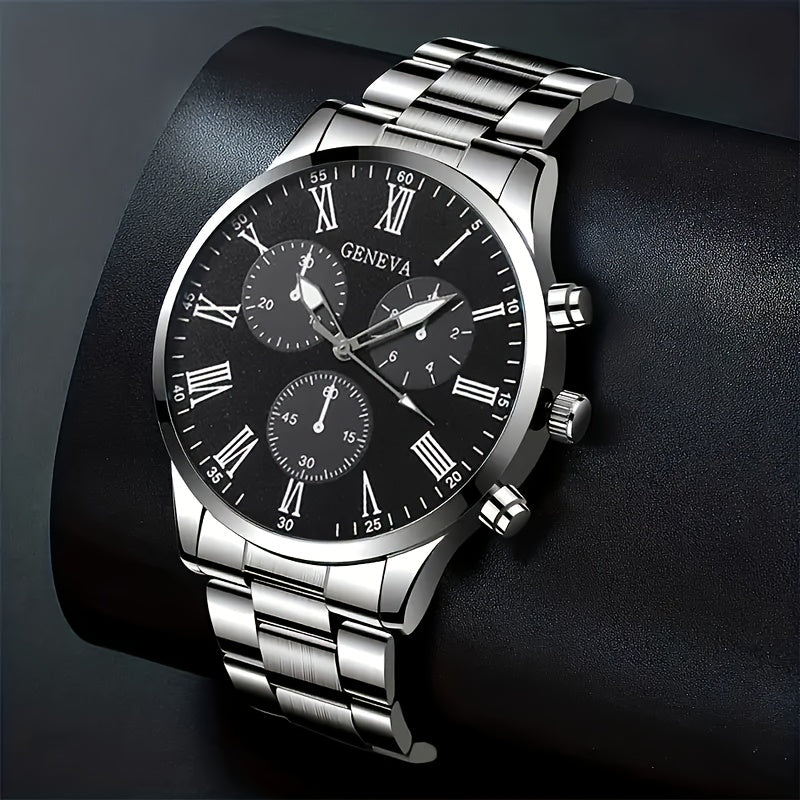 2pcs Elegant Men's Quartz Watch Set, Classic Round Dial Design with Durable Stainless Steel Band, Zinc Alloy Case, Precision Electronic Movement, Casual Fashion Style, Ideal Gift for Father's Day/Valentine's/Ramadan/Birthday/