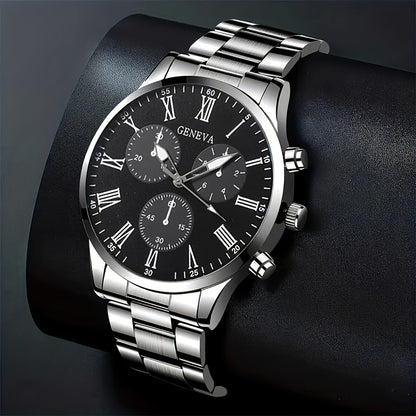 2pcs Elegant Men's Quartz Watch Set, Classic Round Dial Design with Durable Stainless Steel Band, Zinc Alloy Case, Precision Electronic Movement, Casual Fashion Style, Ideal Gift for Father's Day/Valentine's/Ramadan/Birthday/