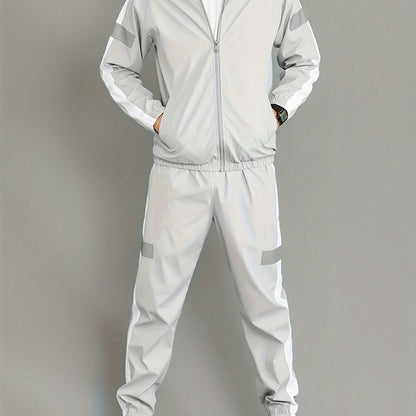 Men's Casual Sportswear Set - Black and White Striped Zip-Up Jacket with Reflective Accents & Matching Joggers, Polyester, Machine Washable, Ideal for Spring & Fall, Jogging Pants