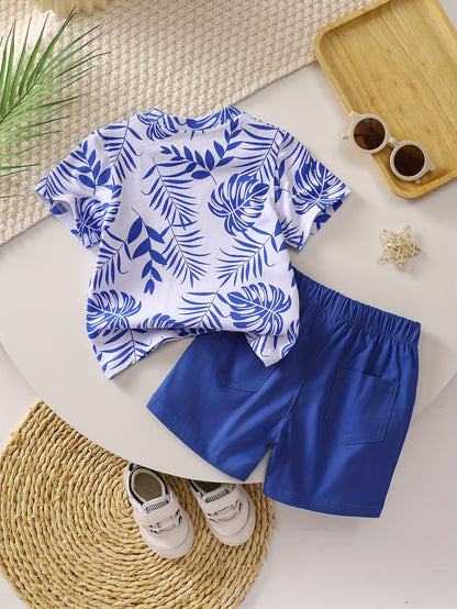 Boys' Tropical Leaf Print Cotton Blend Casual Outfit - Short Sleeve Tee & Drawstring Shorts Set, Machine Washable for Spring/Summer, Perfect for Outdoor