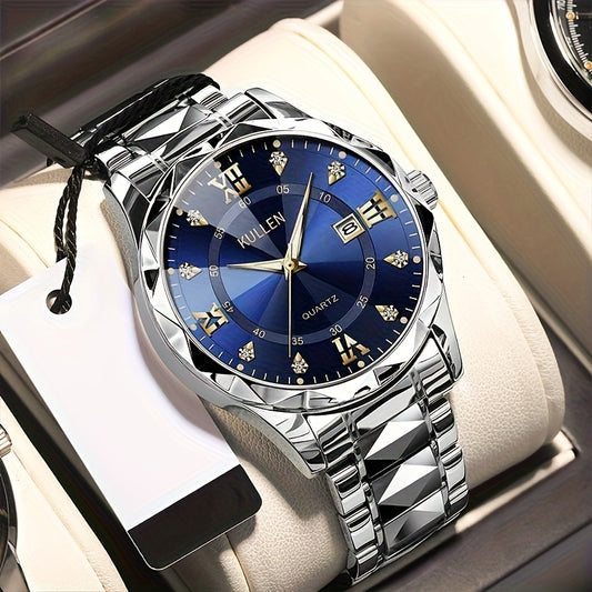 Men's Stylish Business Quartz Watch with Stainless Steel Strap & Alloy Case, Round Blue Dial with Golden Accents – Elegant Analog Display for Formal Occasions, Valentine's Day, Thanksgiving, and Ramadan Gifts