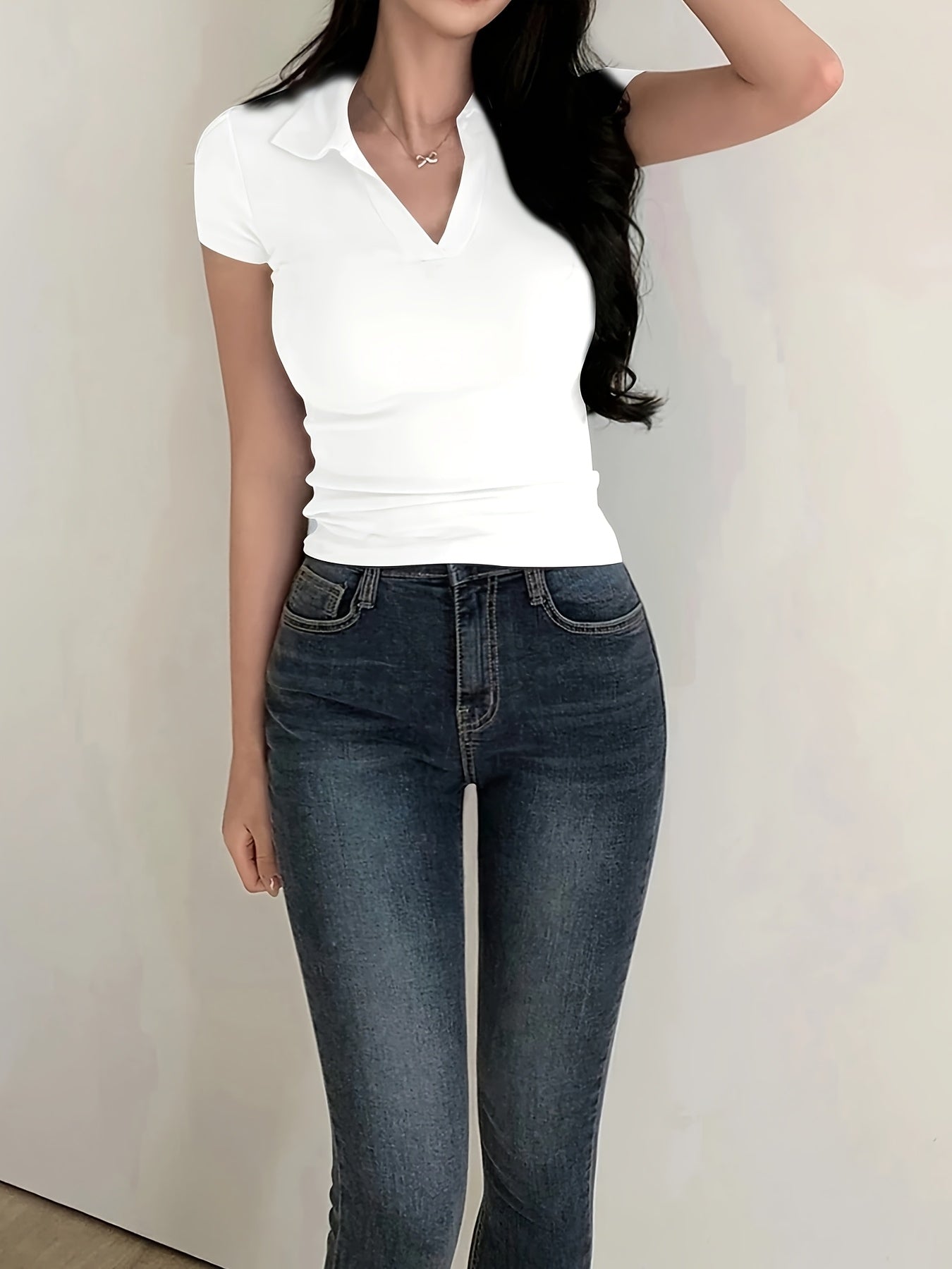 [Sleek Fit] Women's Slim Fit Short Sleeve Shirt - Elegant Black V-Neck Tee, Stretchy Polyester Blend, Machine Washable, Perfect for Spring/Summer/Fall, Short Sleeve Blouses