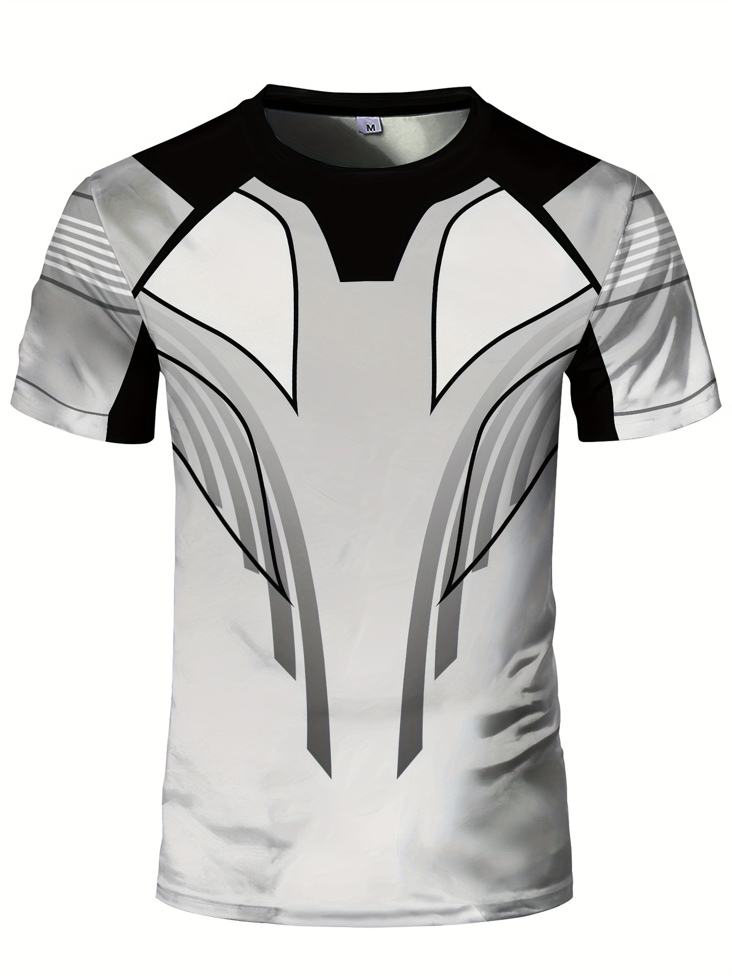 Men'S Slim Fit Breathable T-Shirt with Intricate Black & White Geometric Print - Moisture-Wicking Polyester-Spandex Blend, Machine Washable, Round Neck Short Sleeve for Summer Casual Wear, Gym, Hiking & Outdoor Activities