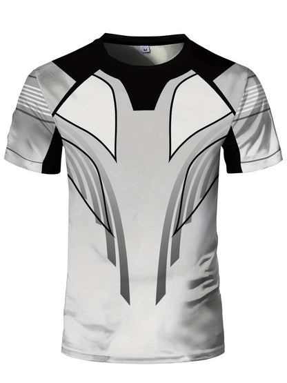 Men'S Slim Fit Breathable T-Shirt with Intricate Black & White Geometric Print - Moisture-Wicking Polyester-Spandex Blend, Machine Washable, Round Neck Short Sleeve for Summer Casual Wear, Gym, Hiking & Outdoor Activities