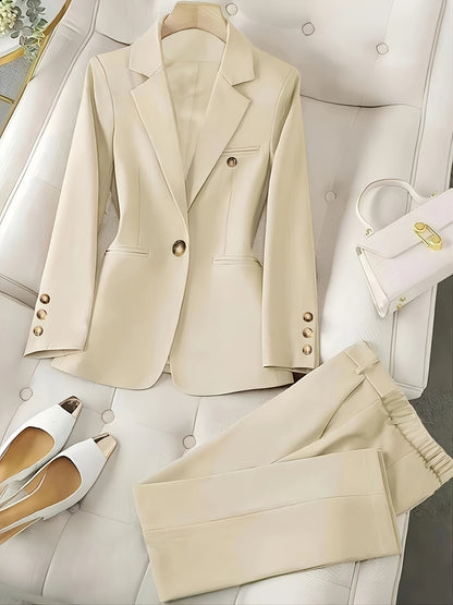 Women's Casual Beige Blazer and Pants Set - Polyester, Long Sleeve, Double-Breasted, Lapel Collar, with Pockets, Machine Washable