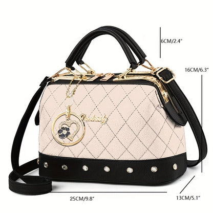 Black Quilted Boston Bag with Golden-Tone Hardware & Adjustable Strap - Elegant Heart Rhinestone Charm, Pattern, and Stylish Stud Details for Wo