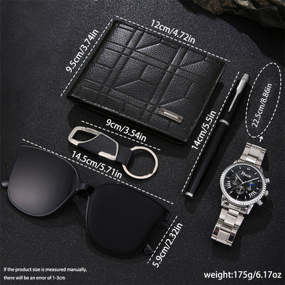 5pcs Elegant Men's Gift Set: Quartz Watch with Date Display, Stylish Wallet, Sleek Pen, Keychain & Pilot Fashion Glasses - Non-Waterproof, Alloy Case & Band, Perfect for Valentine's Day