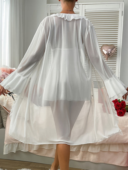 Sexy Mesh Semi-Sheer Strap+Cute Ruffle Long Sleeve Lightweight Mesh Outerwear Pajama Set