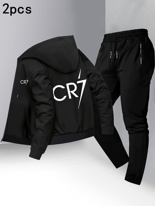 Men'S Trendy CR7 Print Hooded Jacket and Pants Set, Casual Business Suit, Youth Casual Sports Baseball Uniform with Stand Collar