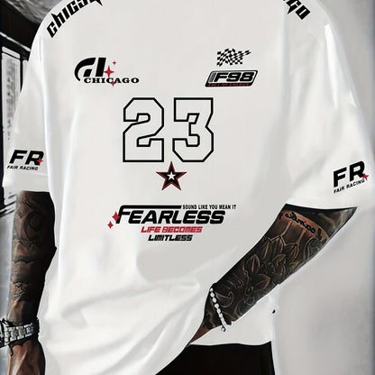 A Men'S Racing Icon #23 3D Print Short-Sleeve T-Shirt - Casual Streetwear, Breathable Sportswear, Round Neck, Summer Fashion Top, Unique Letter Print Design, Made of 100% Polyester, Slightly Stretchy Knitted Fabric, Suitable