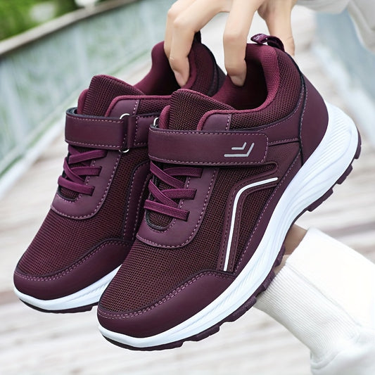 Women's Breathable Mesh Sneakers - Maroon Low-Top Casual Sneakers with Adjustable Hook-and-loop Fastener Strap & Laces, Comfortable Fabric Insole, All-Season Round Toe Design, Breathable Footwear | Stylish Mesh Sneakers | Adj