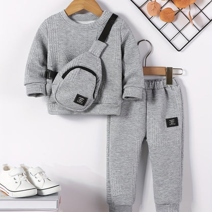 3pcs Set for Boys: New Autumn Shoulder Button Plain Round Neck Sweater, Trousers and Crossbody Bag, Casual and Fashionable Three-piece Set