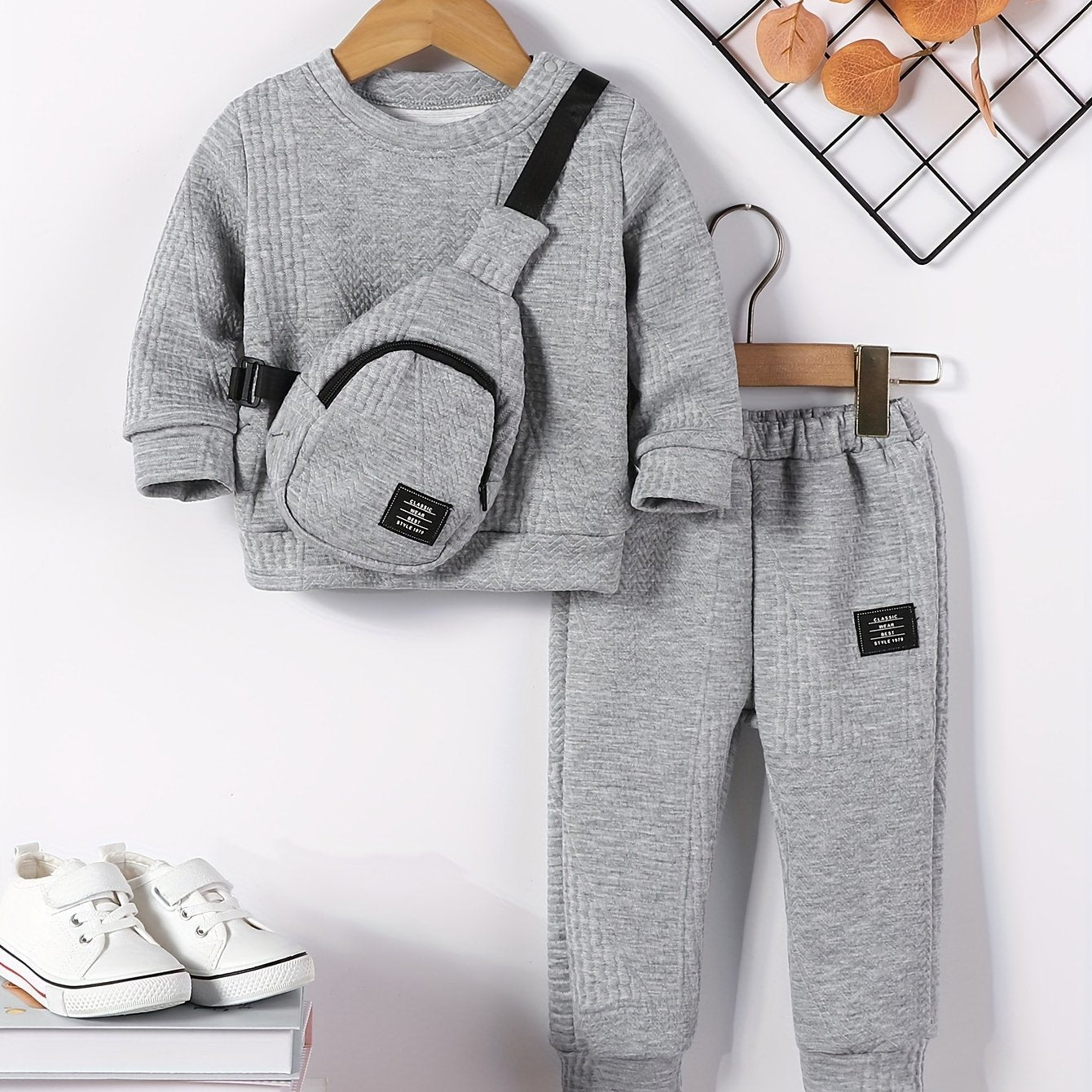 3pcs Set for Boys: New Autumn Shoulder Button Plain Round Neck Sweater, Trousers and Crossbody Bag, Casual and Fashionable Three-piece Set