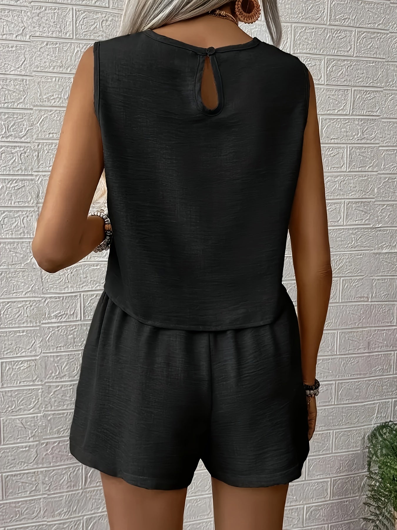 Women's Solid Color Top and Shorts Set, Perfect for Vacation/Leisure Time