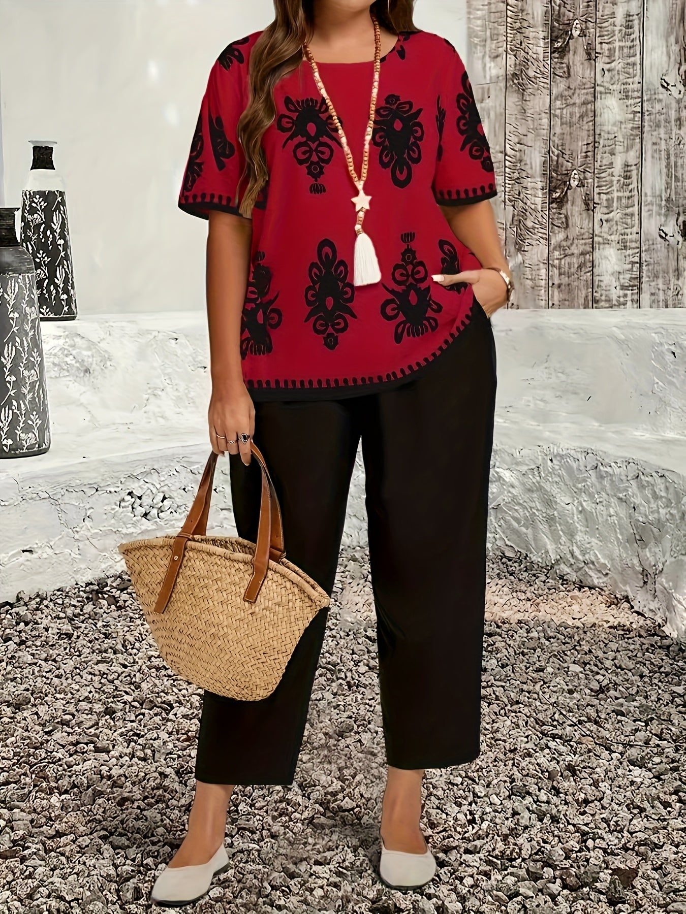 Plus Size Casual Country Print Loose Long Sleeve Pullover and Pants Two-Piece Set, Elegant Autumn Leonie