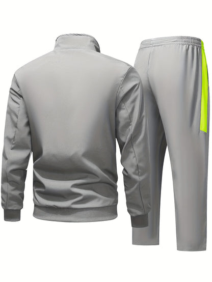 Men's Two-Tone Spliced Jacket and Pants Set in Fluorescent Green with 'Sports' Letter Print, Eye-Catching Fashion Design, Comfortable Soft Fabric, Essential Outfit for Home or Outdoor Wear TZ8030