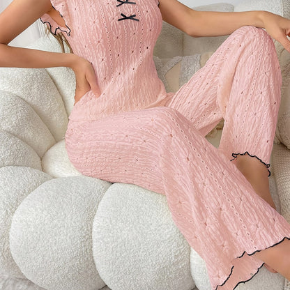 Elegant Women'S Lace Hollow Pajama Set with Contrast Trim and Bow Detail - Short Sleeve, Round Neck, Summer Sleepwear for Adults, Comfortable Polyester Blend, Perfect for Relaxing at Home, Summer Sleepwear | Contrast Trim Des