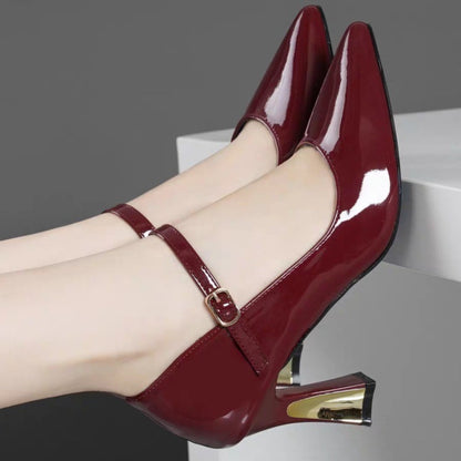 Women's Burgundy Synthetic Cover Mary Jane High Heels - Pointed Toe Chunky Block Heel with Adjustable Ankle Strap & Golden Buckle, Glossy Finish for Spring, Casual & Formal Events, Casual Chic Shoes | Pointed Toe Heels | Dura