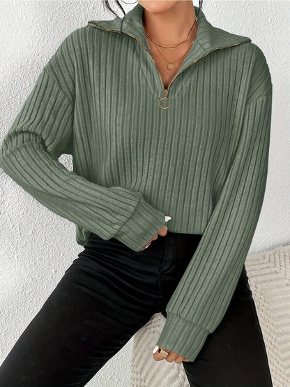 [Everyday Elegance] Women's Elegant Ribbed Knit Collared T-Shirt - Black, Long Sleeve, Zip-Up Design, Soft Polyester Blend, Machine Washable, Perfect for Spring & Fall, Ladies T Shirts