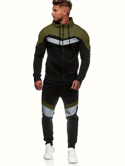 Men'S Autumn and Winter Fleece Sweatshirt Set with Hooded Drawstring Patchwork Sweatpants Casual Sporty Style Long Sleeve Jacket