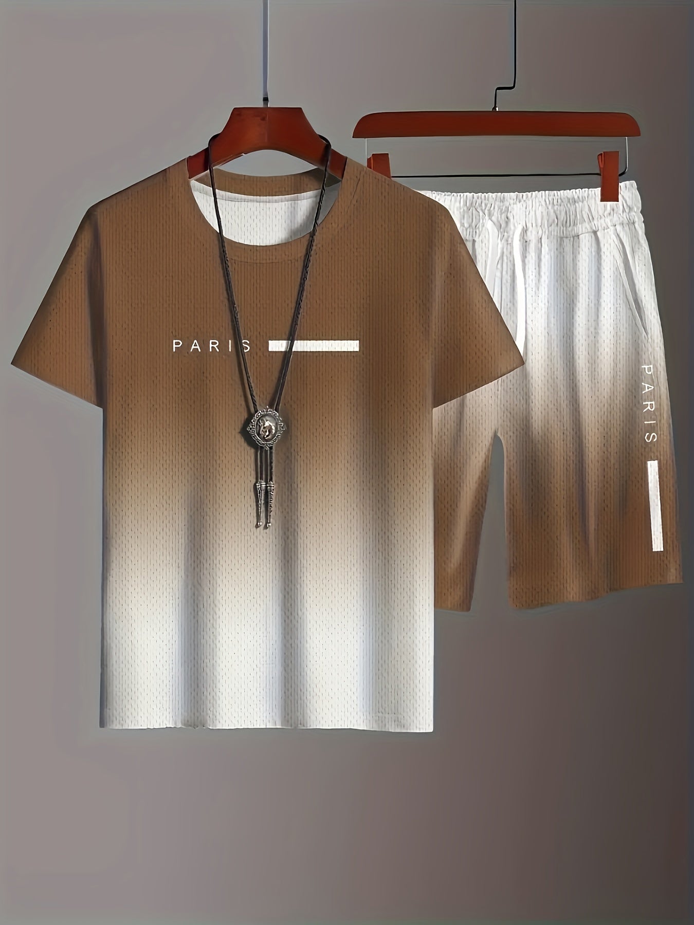 Men'S Summer Sports Workout Set - Crew Neck Short Sleeve T-Shirt & Shorts with "PARIS" Print, Striped Pattern, Knit Fabric, Slight Stretch, Polyester & Spandex Blend, Regular Fit