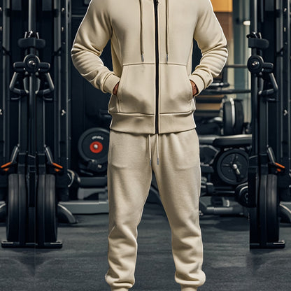 2pcs Men's Solid Color Hooded Long Sleeve Sweatshirt + Pants Set, Casual Co-ord Sports Fitness Set