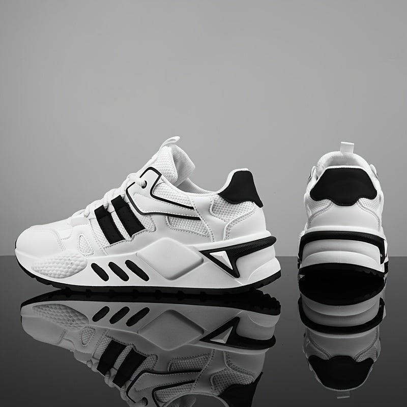 Men's Low-Top Skate Sneakers - White/Black Accent Lace-Up Shoes, Cushioned EVA Insole & Non-Slip Rubber Outsole for All-Season Urban Streetwear, Gym, Everyday - Breathable PU Upper Casual Shoes, Gym Footwear, Street Style, Du