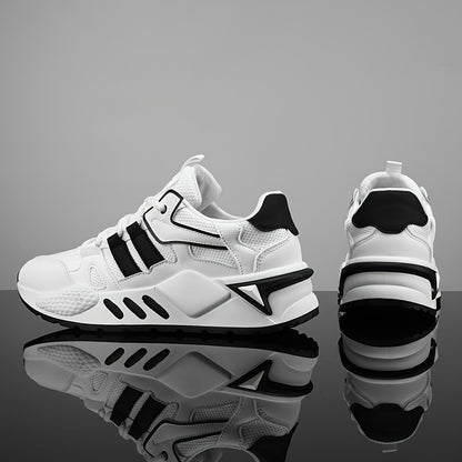 Men's Low-Top Skate Sneakers - White/Black Accent Lace-Up Shoes, Cushioned EVA Insole & Non-Slip Rubber Outsole for All-Season Urban Streetwear, Gym, Everyday - Breathable PU Upper Casual Shoes, Gym Footwear, Street Style, Du