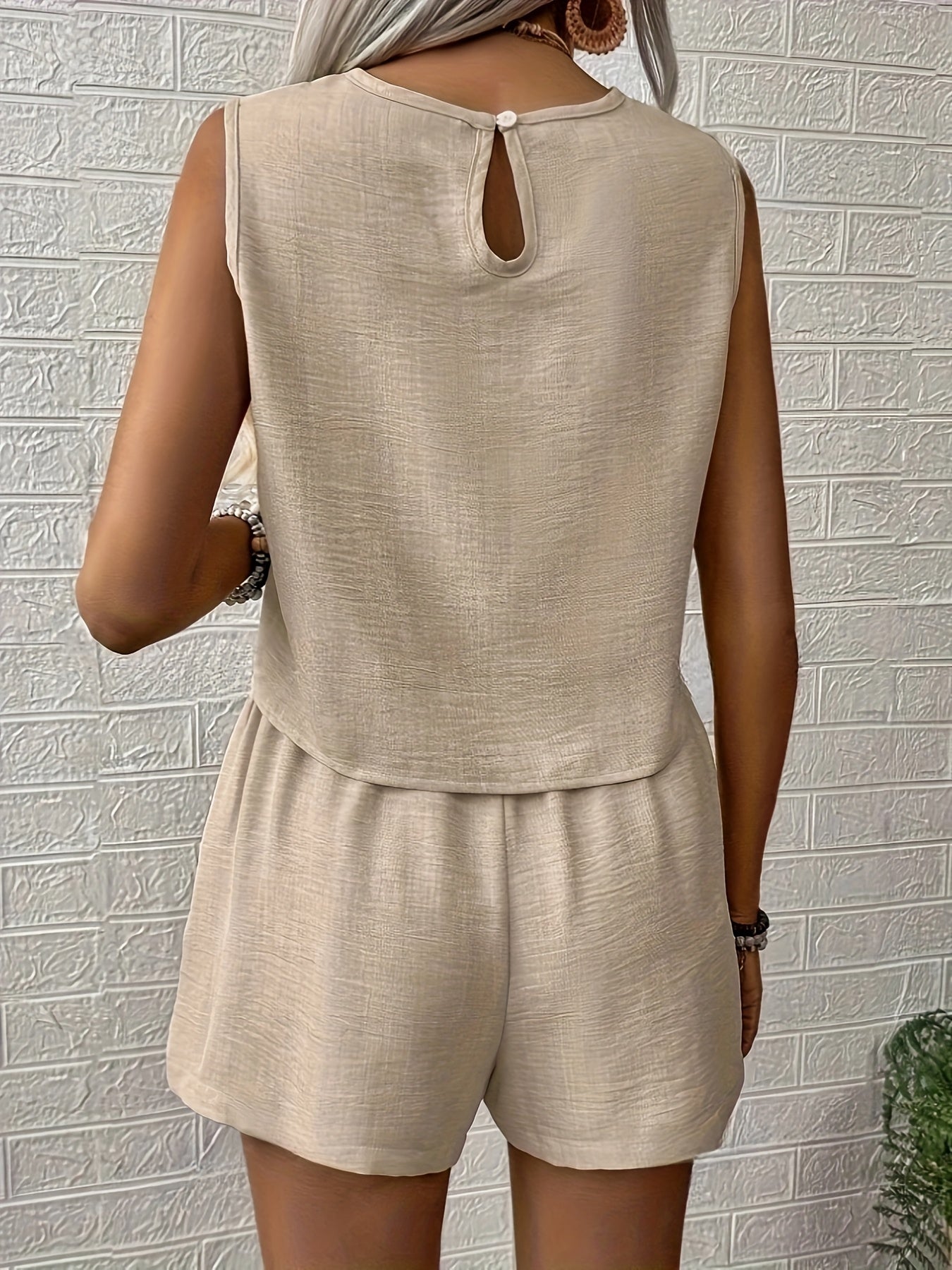 Women's Solid Color Top and Shorts Set, Perfect for Vacation/Leisure Time