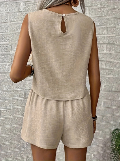 Women's Solid Color Top and Shorts Set, Perfect for Vacation/Leisure Time