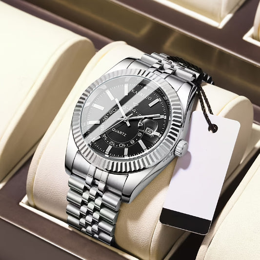 KASRLUO Men's Stainless Steel Watch with Calendar - Business Style, Quartz Movement, Round Dial, Black Faux Leather Strap, Date Display, Elegant Design for Young Professionals, Formal Accessory | Sophisticated Style | Precisi